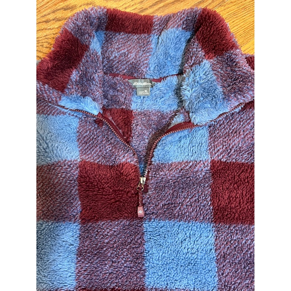 Eddie Bauer Womens Plaid Fleece Quarter Zip Pullover Sweatshirt XL Burgundy Blue - Picture 7 of 11